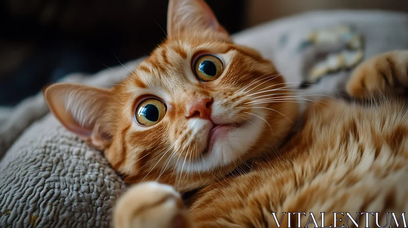 Orange Tabby Cat on Grey Cushion AI Image