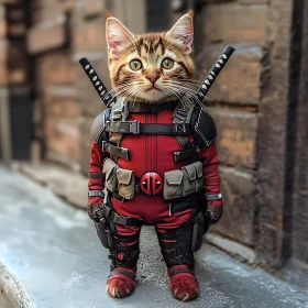 Kitten Dressed as Superhero with Katanas