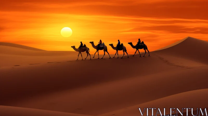 Desert Camels at Sunset: A Captivating Oriental Portrait AI Image