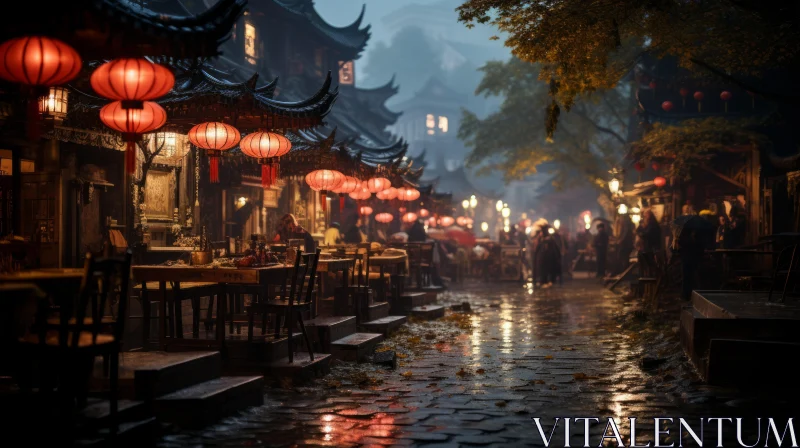 Immersive Street Decor: Red Lanterns and Tables in an Urban Scene AI Image