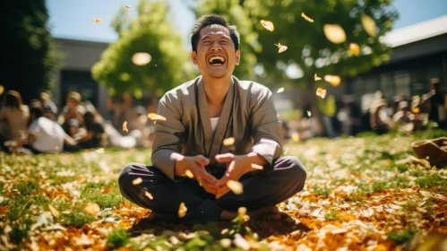 Joyful Man Laughing amidst Falling Leaves in Nature