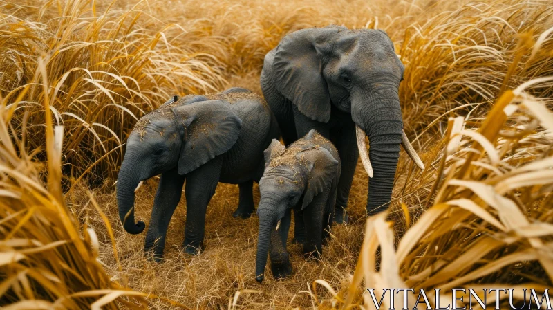 AI ART Majestic African Elephants in a Golden Grass Field
