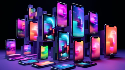 Neon Smartphones on Dark Purple Background