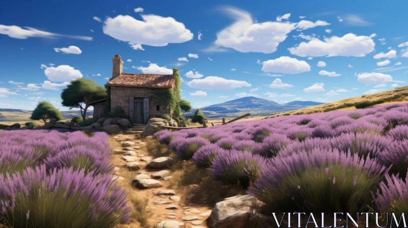 Serene Countryside Landscape with Lavender Fields and Charming House AI Image