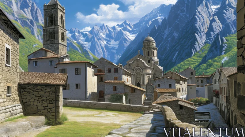 Serene Mountain Village Painting AI Image
