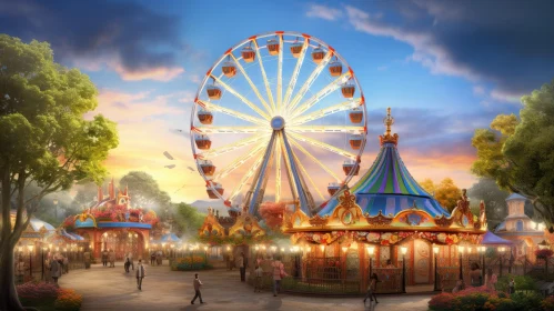 Sunset Ferris Wheel in Amusement Park