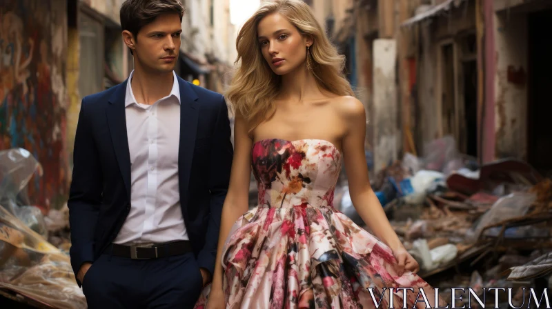 AI ART Young Couple in Luxurious Floral Fashion - A Romantic Alley Walk