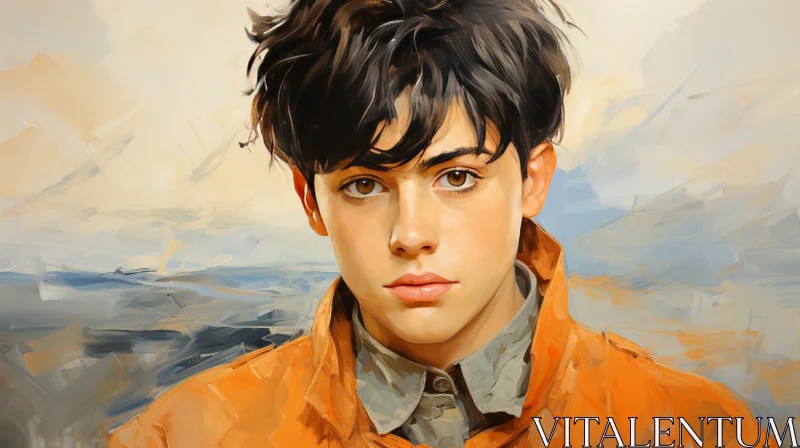 AI ART Young Man Portrait with Brown Jacket and Mountains Background