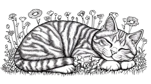 Peaceful Cat in Floral Field Illustration