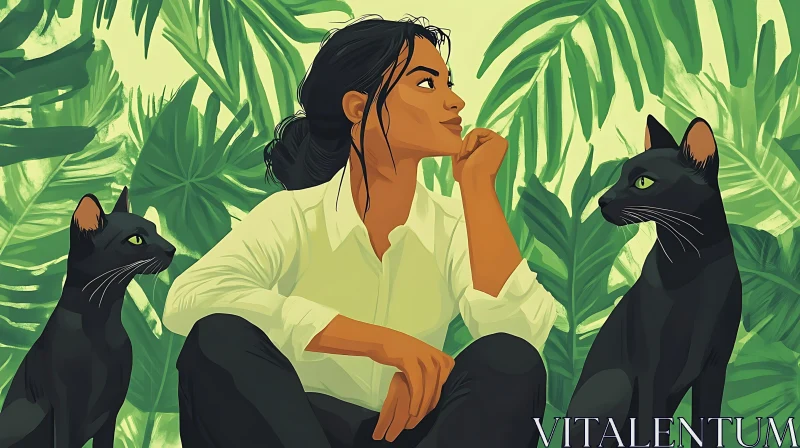 Woman in Jungle with Black Cats Illustration AI Image