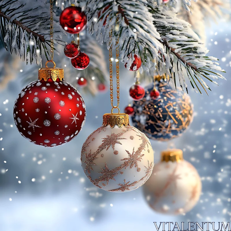 Festive Holiday Baubles Against Winter Backdrop AI Image