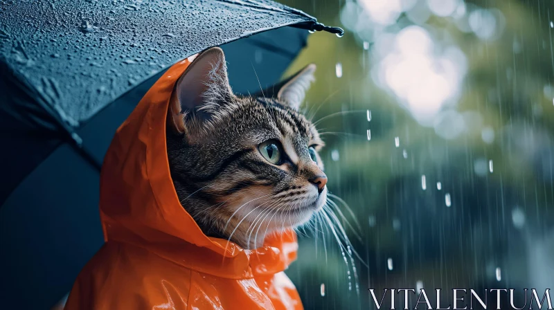 Cat with Raincoat and Umbrella AI Image