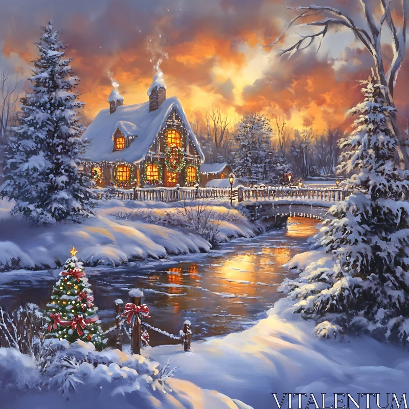 Cozy Cottage with Christmas Lights in Snow AI Image