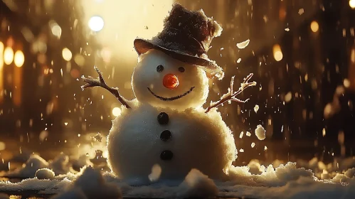 Festive Snowman Amid Falling Snow