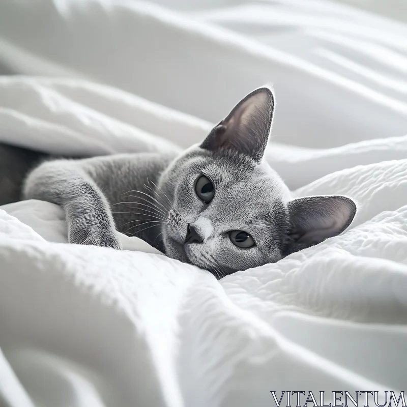 Tranquil Gray Feline Relaxing in Cozy Bed AI Image