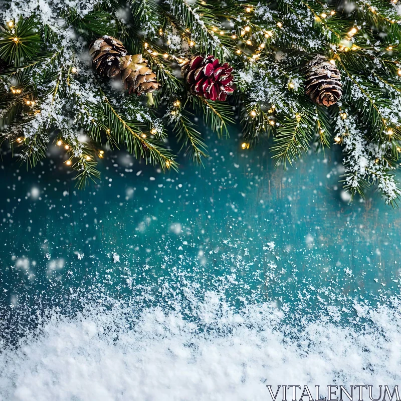 Snowy pine branches with Christmas lights AI Image