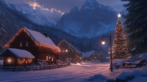 Festive Mountain Village During Christmas Night