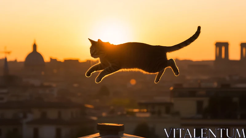 Feline Grace in an Urban Sunset AI Image