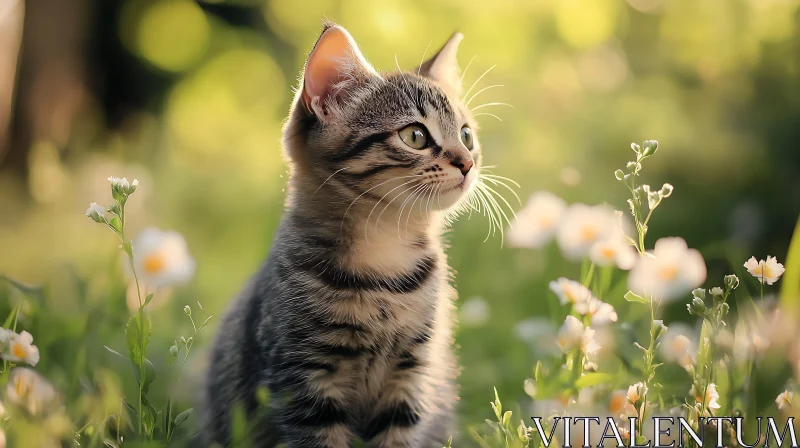 Kitten Surrounded by Flowers in Nature AI Image