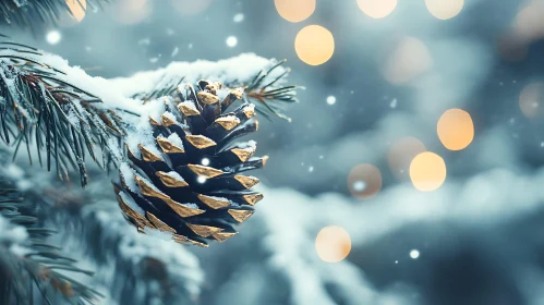 Winter Pine Cone with Snow and Bokeh