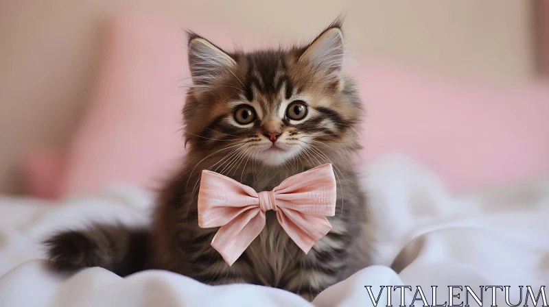 Cute Kitten with Bow on Soft Blanket AI Image