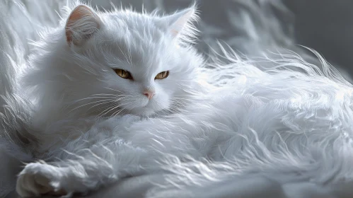 Ethereal White Cat with Golden Eyes Lounging