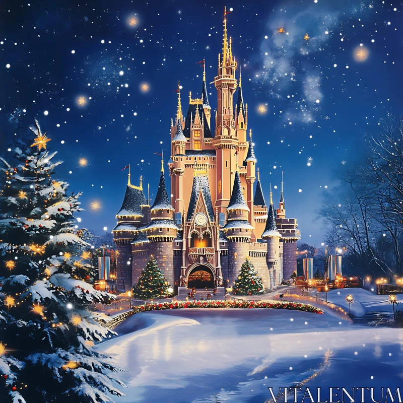 Enchanting Winter Castle with Festive Lights AI Image