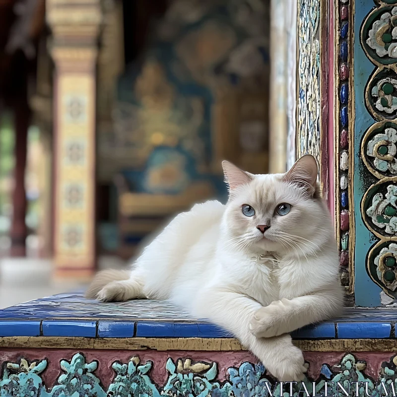 White Cat on Colorful Decorative Surface AI Image