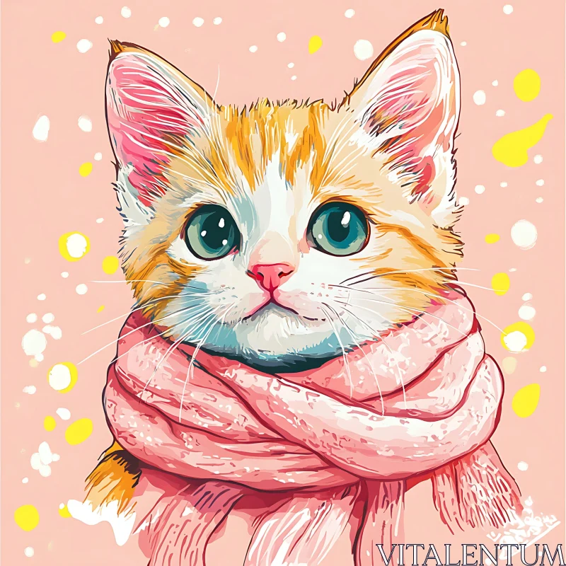 Charming Cat with Pink Scarf Drawing AI Image