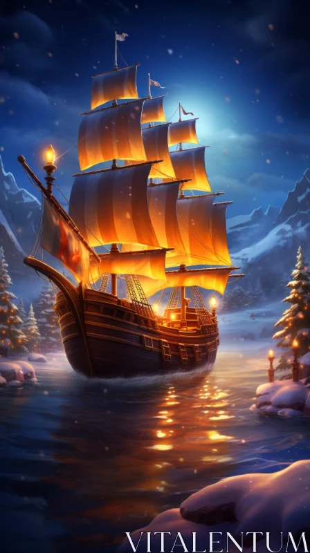 Captivating Snowy Landscape with Sailing Ship AI Image