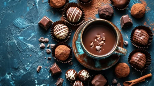 Close-up of Hot Chocolate and Chocolates on Blue Background