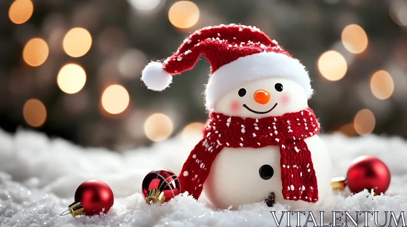 Festive Snowman and Christmas Ornaments in Snow AI Image