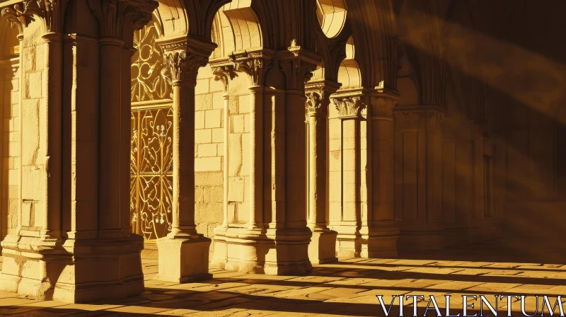 Elegant Stone Column Hallway with Intricate Carvings AI Image