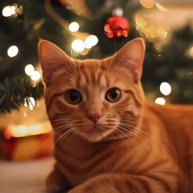 Festive Cat with Christmas Tree Lights