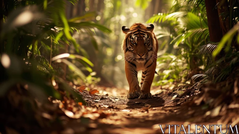 Majestic Tiger Walking in a Enchanting Forest AI Image