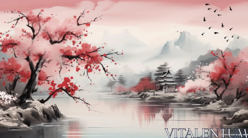 Romantic Cherry Blossom Landscape Painting in Light Crimson and Gray AI Image