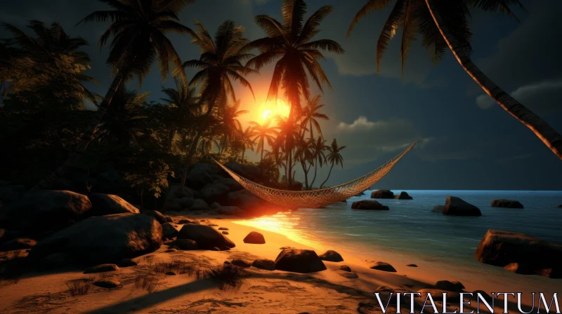 Tranquil Tropical Beach Sunset with Hammock | Nature-Inspired Image AI Image