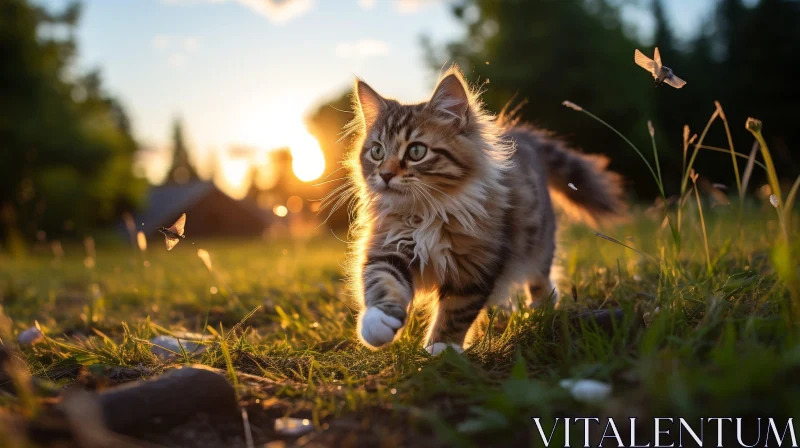 Young Cat in Field of Tall Grass at Sunset AI Image