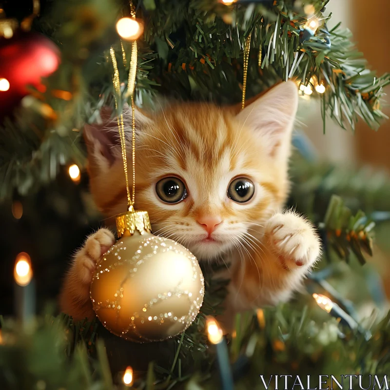 Cute Kitten Playing with Christmas Tree Ornament AI Image