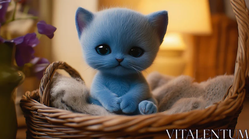 Adorable Blue Kitten with Big Eyes in Basket AI Image