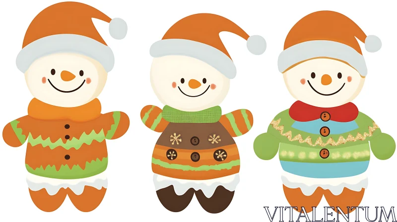 Cheerful Christmas Snowmen Illustration AI Image