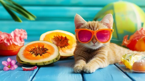 Charming Cat with Sunglasses and Summer Fruits