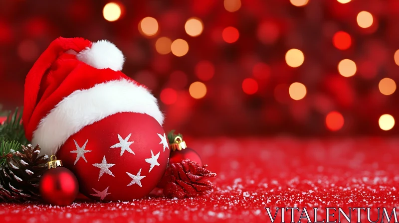 Red Christmas Bauble with White Stars and Santa Hat AI Image