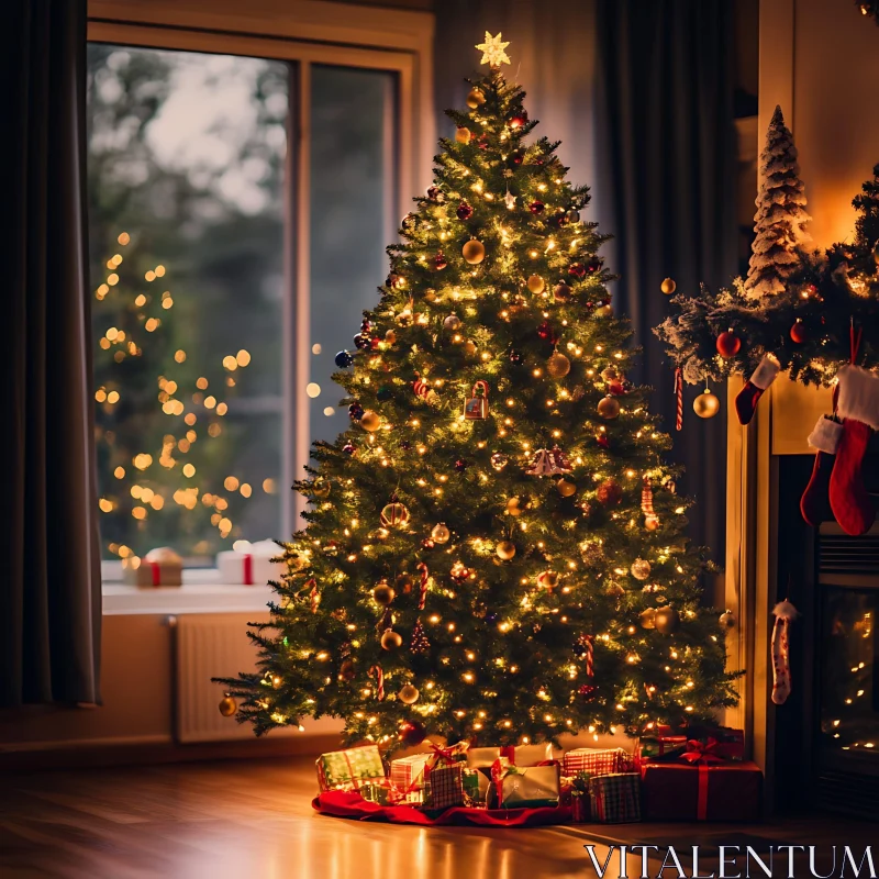 Festive Christmas Tree with Ornaments and Presents AI Image