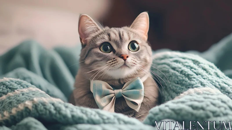 Cute Tabby Cat with Bow Tie on Soft Blanket AI Image