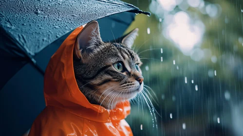 Cat with Raincoat and Umbrella