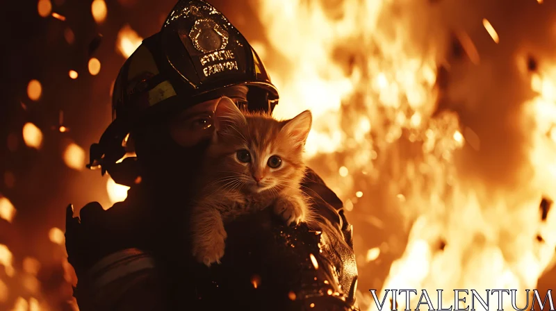 Heroic Act: Firefighter Saves Kitten Amid Flames AI Image