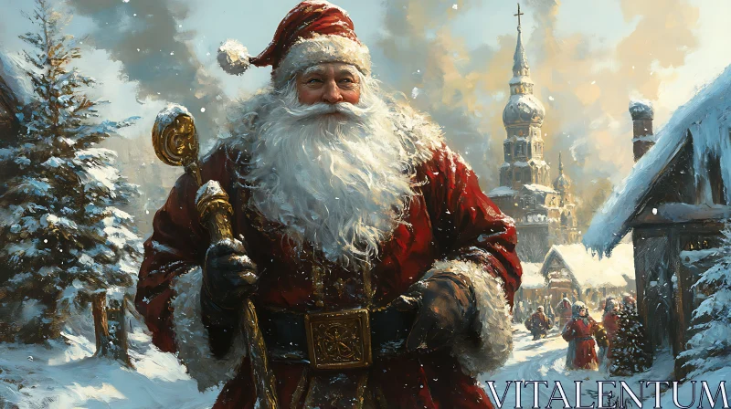 Santa Claus in a Snow-Covered Holiday Village AI Image