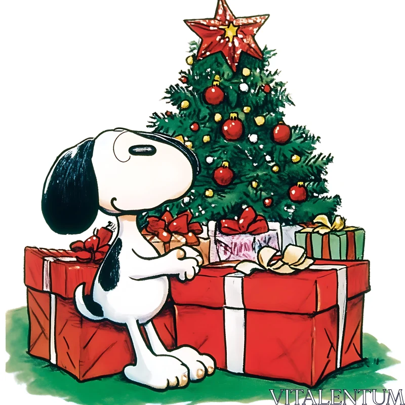 Festive Dog with Christmas Tree and Gifts AI Image