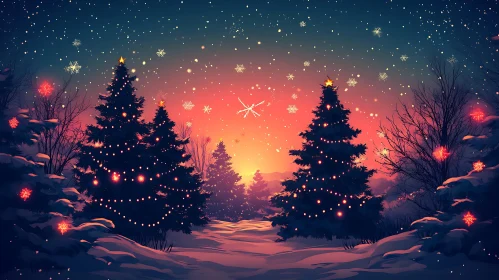 Magical Snowy Christmas Landscape with Lit Trees and Sunset